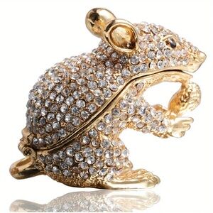 🆕 Crystal Home - Mouse Figurine Jewelry Box - Ornate Metal Hinged Trinket Box 🐭